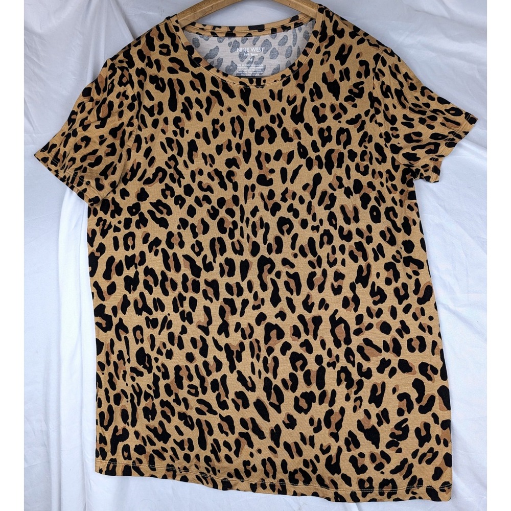 Nine West Soft Spun Leopard Print Short Sleeve Tee Tan Black Medium